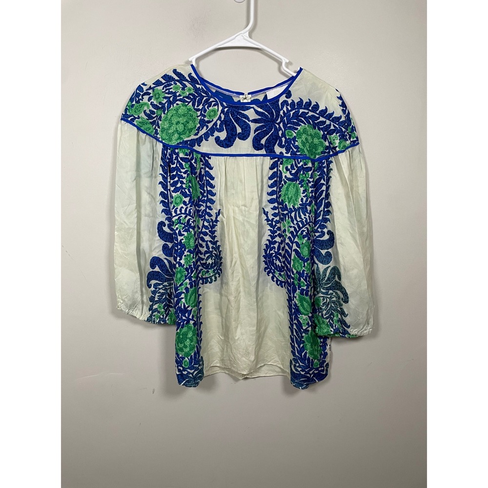 Anna Sui for Anthropologie Ivory‎ and Blue Printed Silk Blouse Size 4